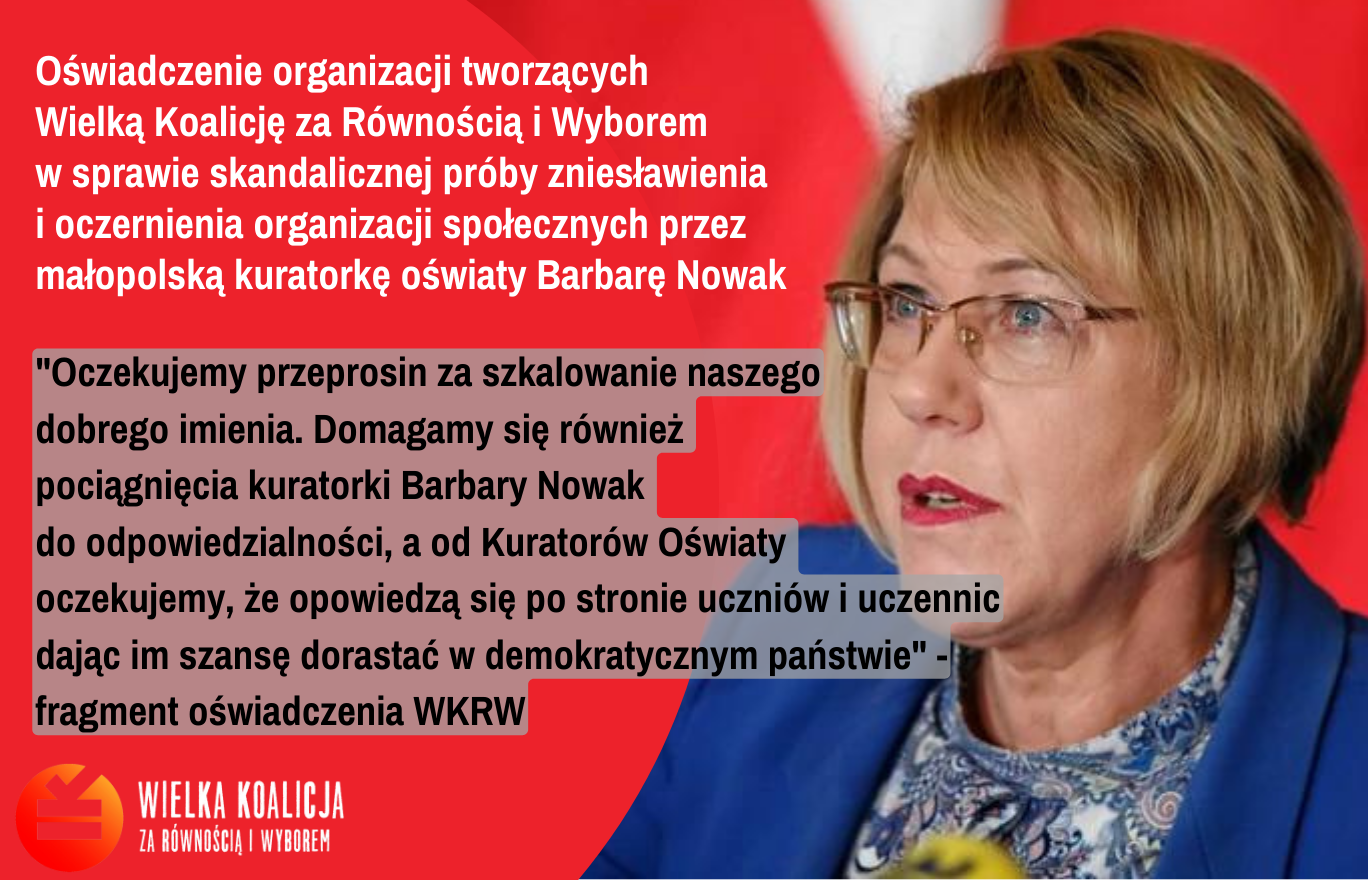 Oświadczenie Wielkiej Koalicji za Równością i Wyborem (WKRW) w sprawie działania małopolskiej kuratorki oświaty Barbary Nowak!